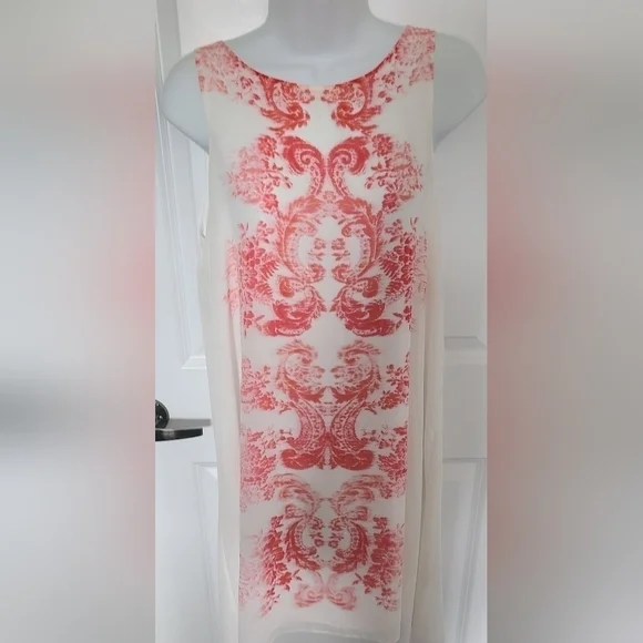 MAX STUDIO Mid Length Sheer Abstract Print White & Red Sleeveless Dress Size Med - Picture 4 of 10